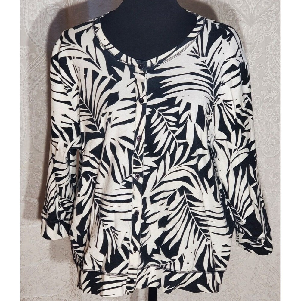 Raffaello Women's 2XL Black & White Tropical Print Top, 3/4 Sleeve, Cotton Plus